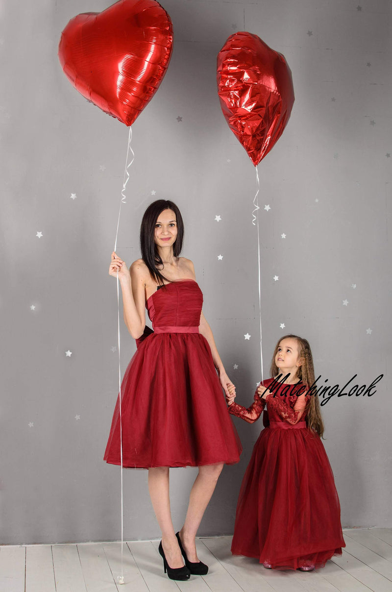 Shop Mommy and Me Outfit, Girl Burgundy Dress, Mother Daughter Matching Dress, Girl Party Dress, Tulle Princess Dress, Formal Dress, Elegant
