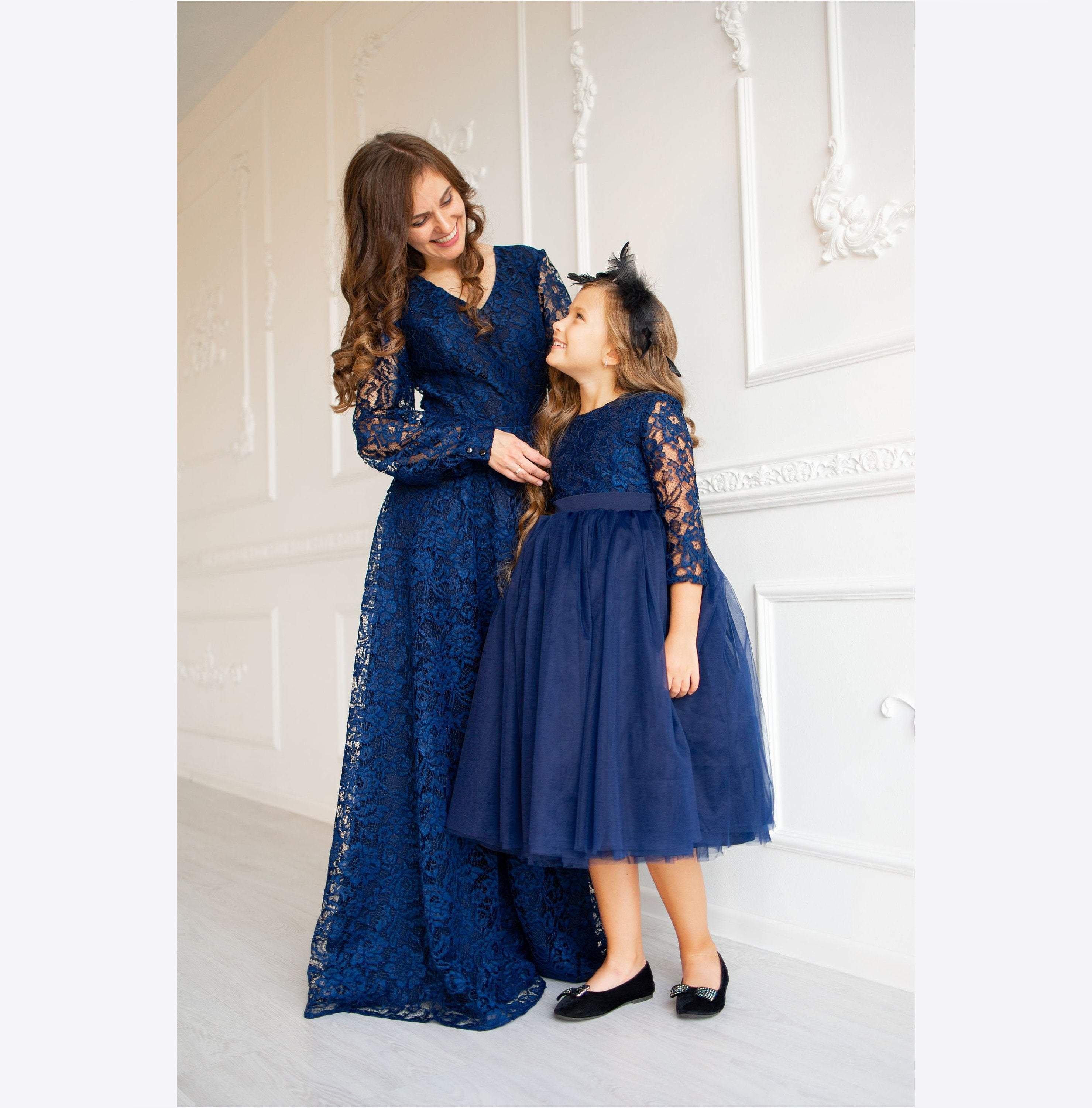 Mother Daughter Matching Dress, Photoshoot Dress, Navy Blue Dresses, M