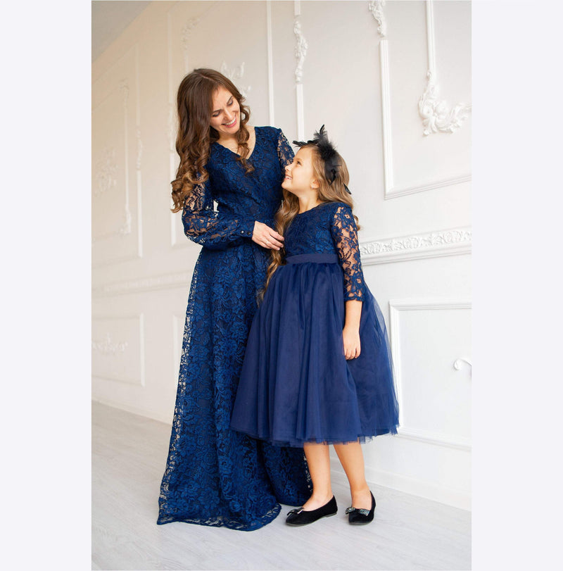 Shop Mother Daughter Matching Dress, Photoshoot Dress, Navy Blue Dresses, Mommy and Me Dress, Lace Matching Outfit, Formal Photoprops Dress -
