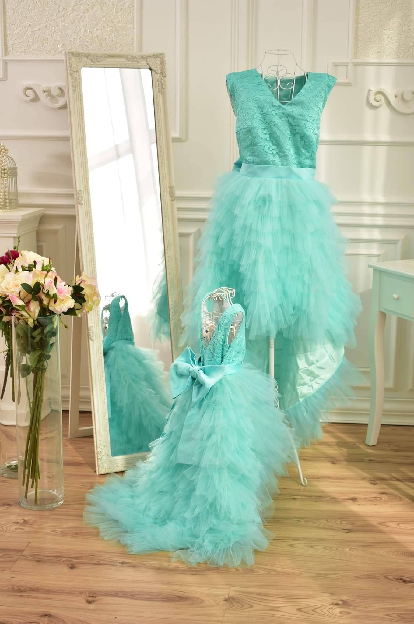 Shop Mother daughter matching teal multilayered Dresses with train - Customizable and Made-to-Order Dresses 6-9 months / S Shop Mother daughter matching teal multilayered Dresses with train - Customizable and Made-to-Order Dresses 6-9 months / S