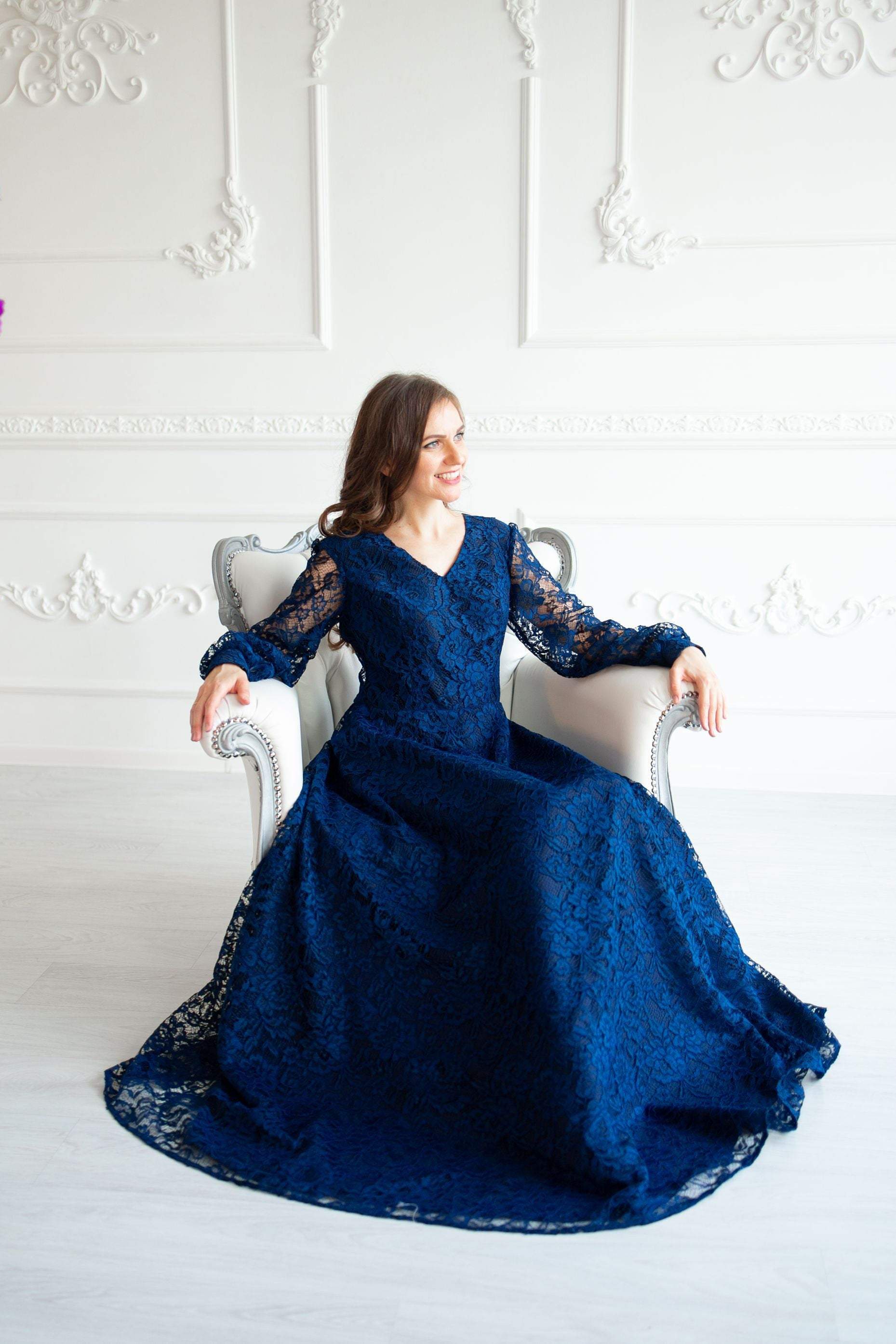 Shop Navy Blue Dress, Maxi Lace Dress, Long Sleeve Gown, Photo