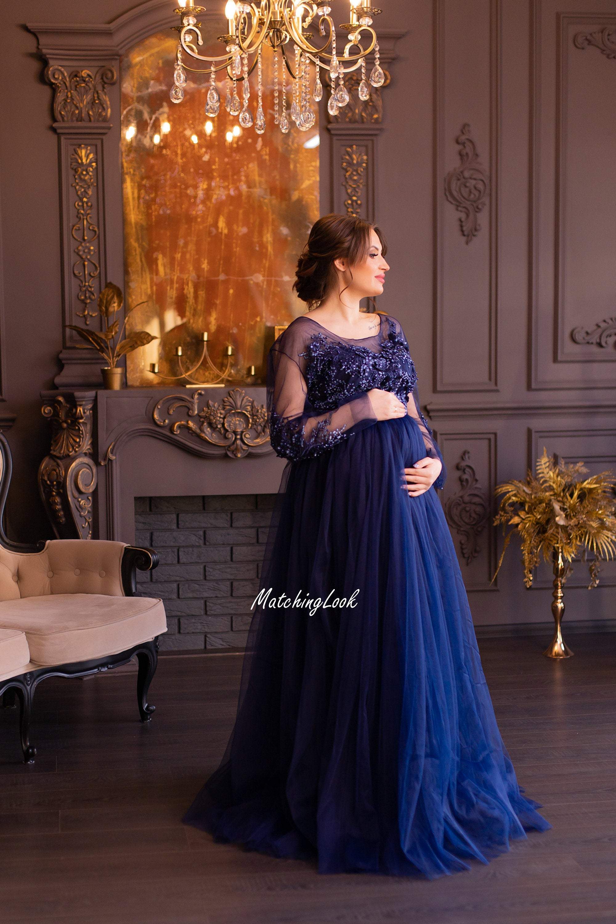 navy blue maternity dress baby shower dress long lace dress tulle maternity dress for photoshoot pregnancy gown maternity gown ball matchinglook