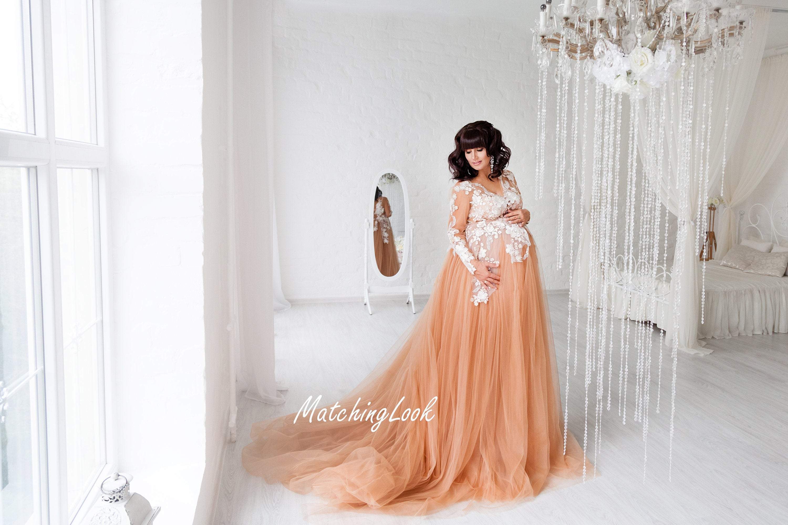 Grey Pregnancy Lace Gown with long train for photo shoot