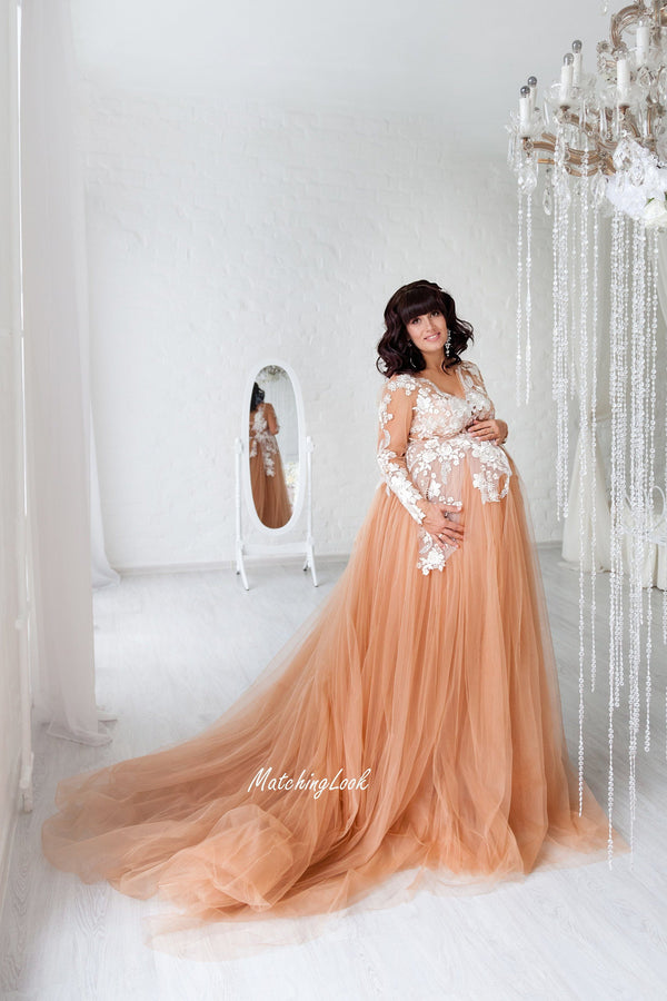 Shop Nude Lace Maternity Dress with train for photoshoot - Customizable and Made-to-Order Dresses L / Off White Shop Nude Lace Maternity Dress with train for photoshoot - Customizable and Made-to-Order Dresses L / Off White