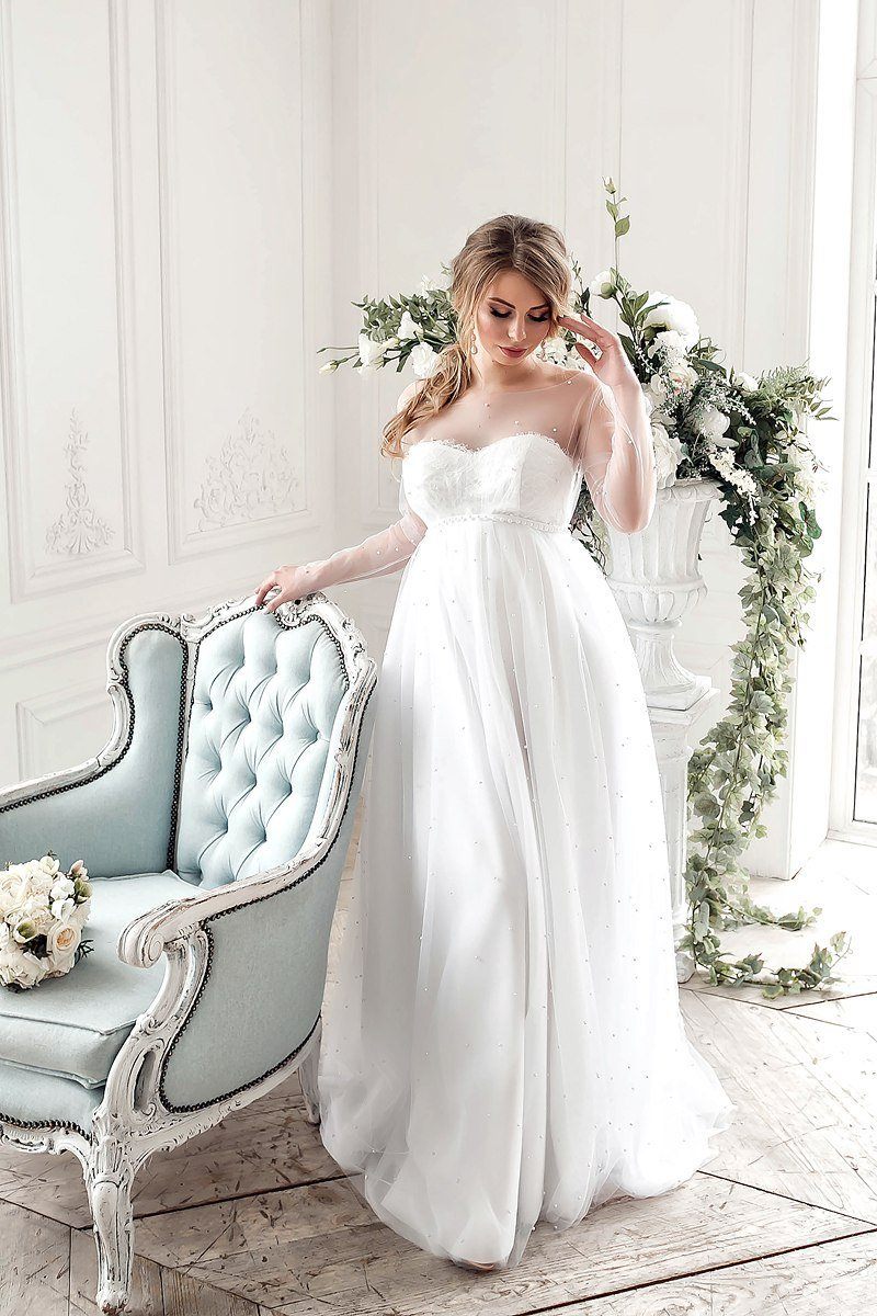 Olivia White Pregnancy Tulle Gown Fully Decorated with Pearls XL / White