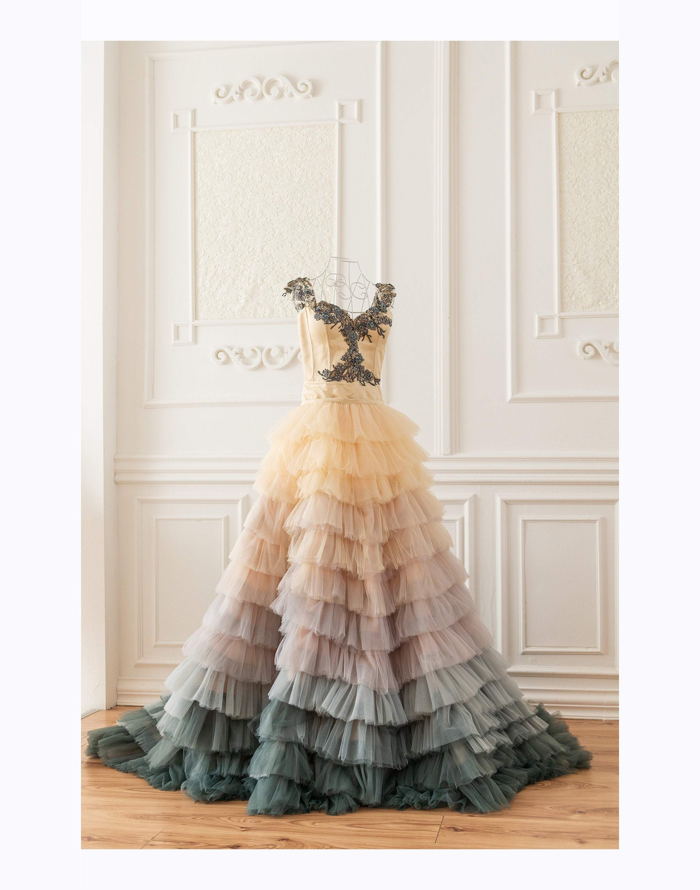 Ombre Wedding Dress, Couture Tulle Gown, Champagne Wedding Dress, Engagement Photoshoot Dress, Tiered Wedding Dress, Boho Ruffle Dress L Ombre Wedding Dress, Couture Tulle Gown, Champagne Wedding Dress, Engagement Photoshoot Dress, Tiered Wedding Dress, Boho Ruffle Dress L