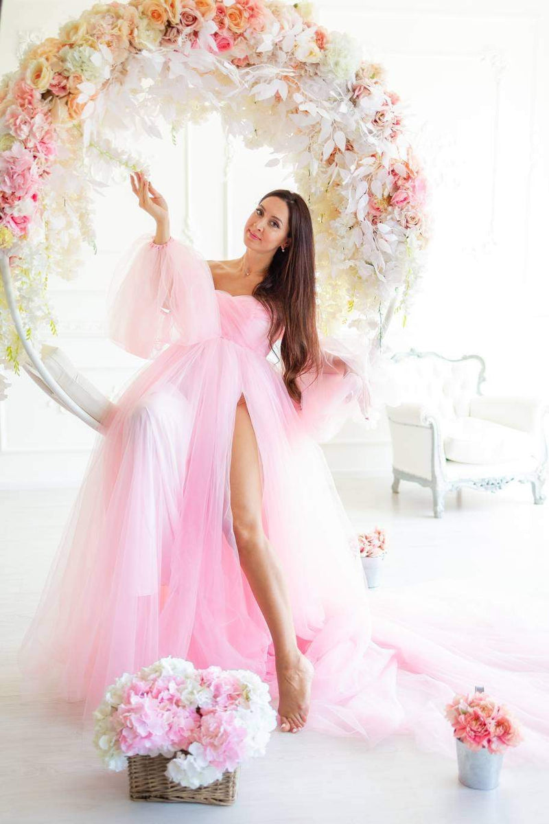 Shop Pink Baby Shower Dress, Off Shoulder Formal Gown, Maternity Tulle Dress, Elegant Train Dress, Pregnancy Photoshoot Dress, Special Occasion -