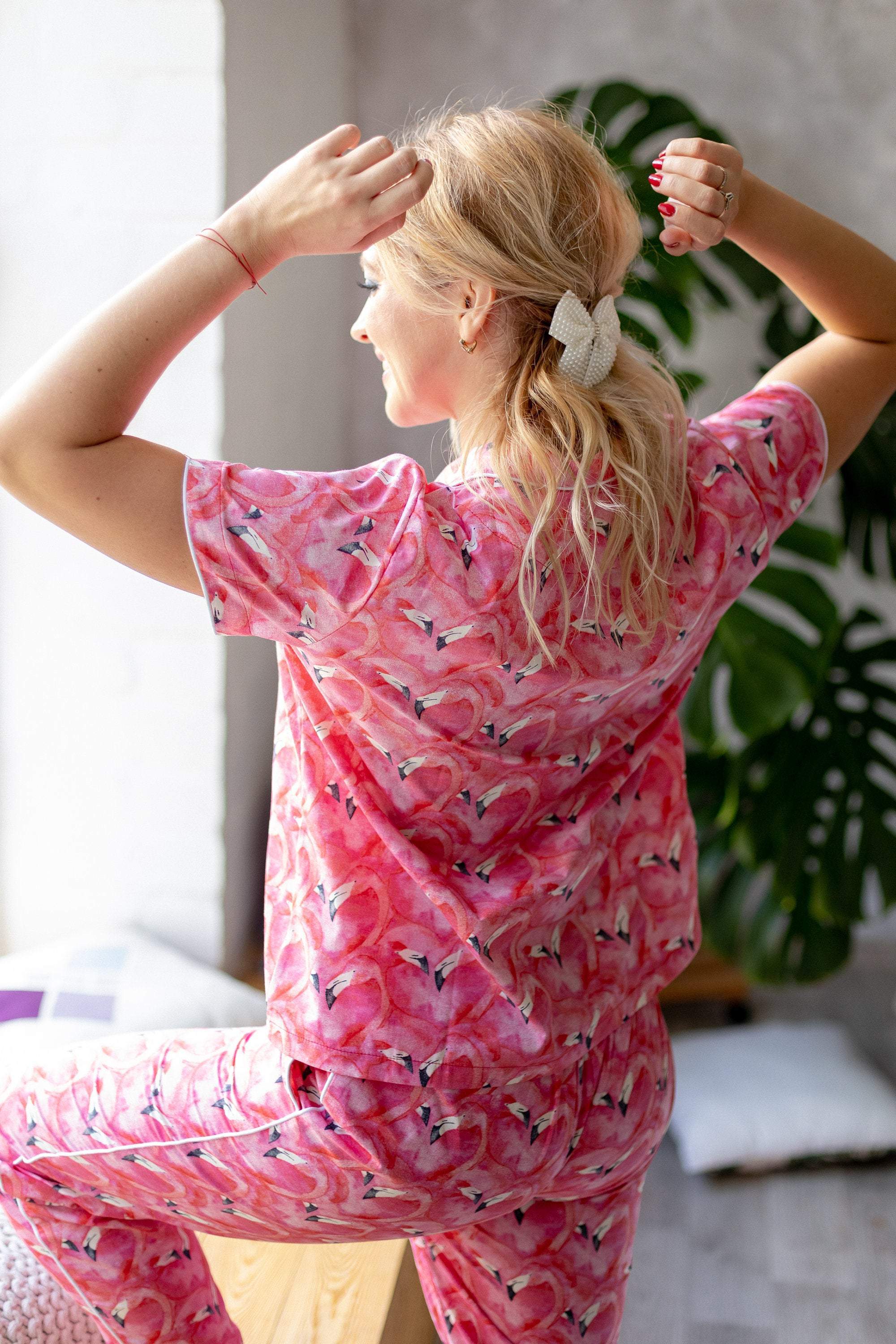 Pink Pajama Set, Matching Pajama, Sleep Shirt and Pants, Women Loungew