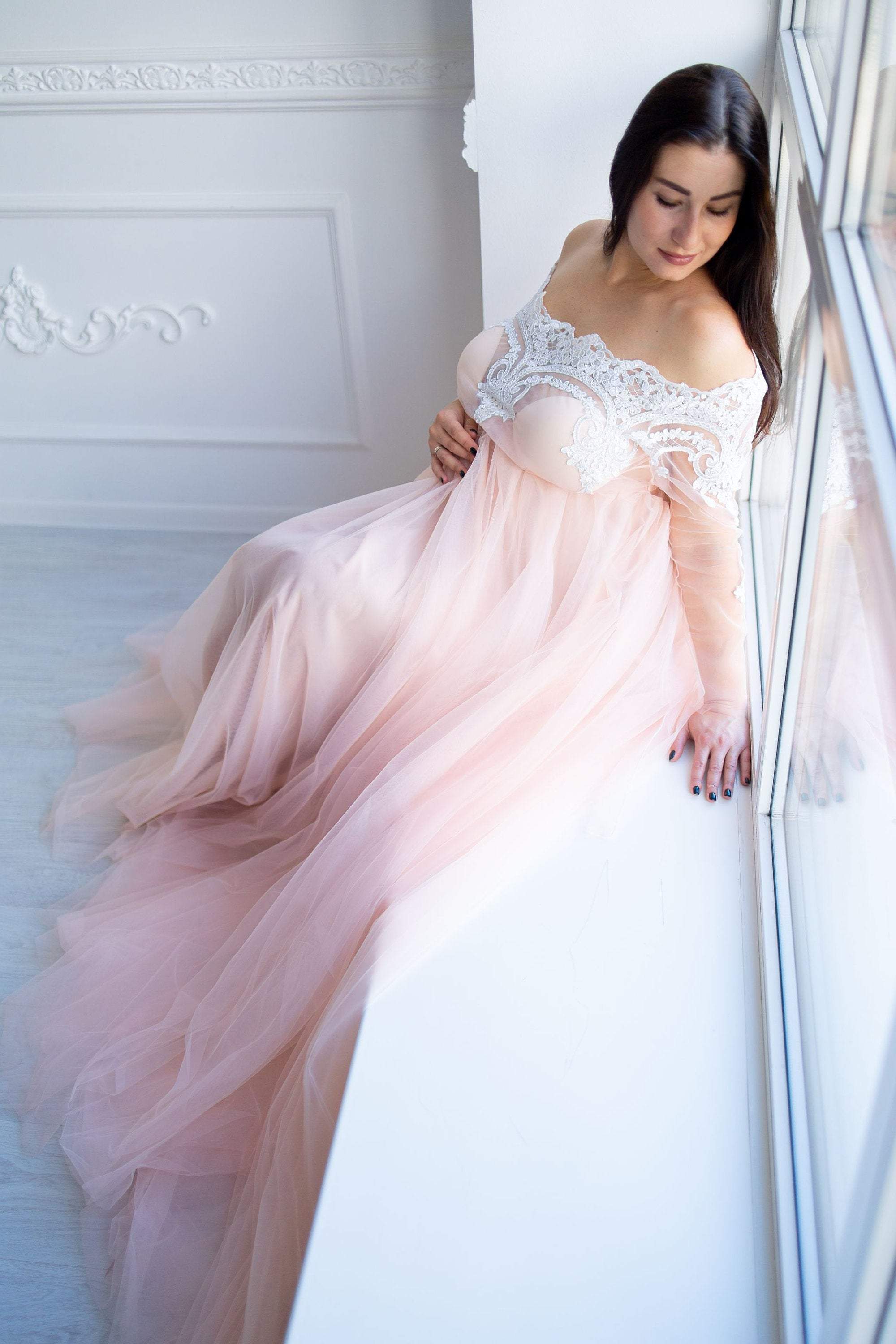 A-Line Prom Dress Pleated Off Shoulder Sweetheart Peach Satin Split Sw|  Misdress