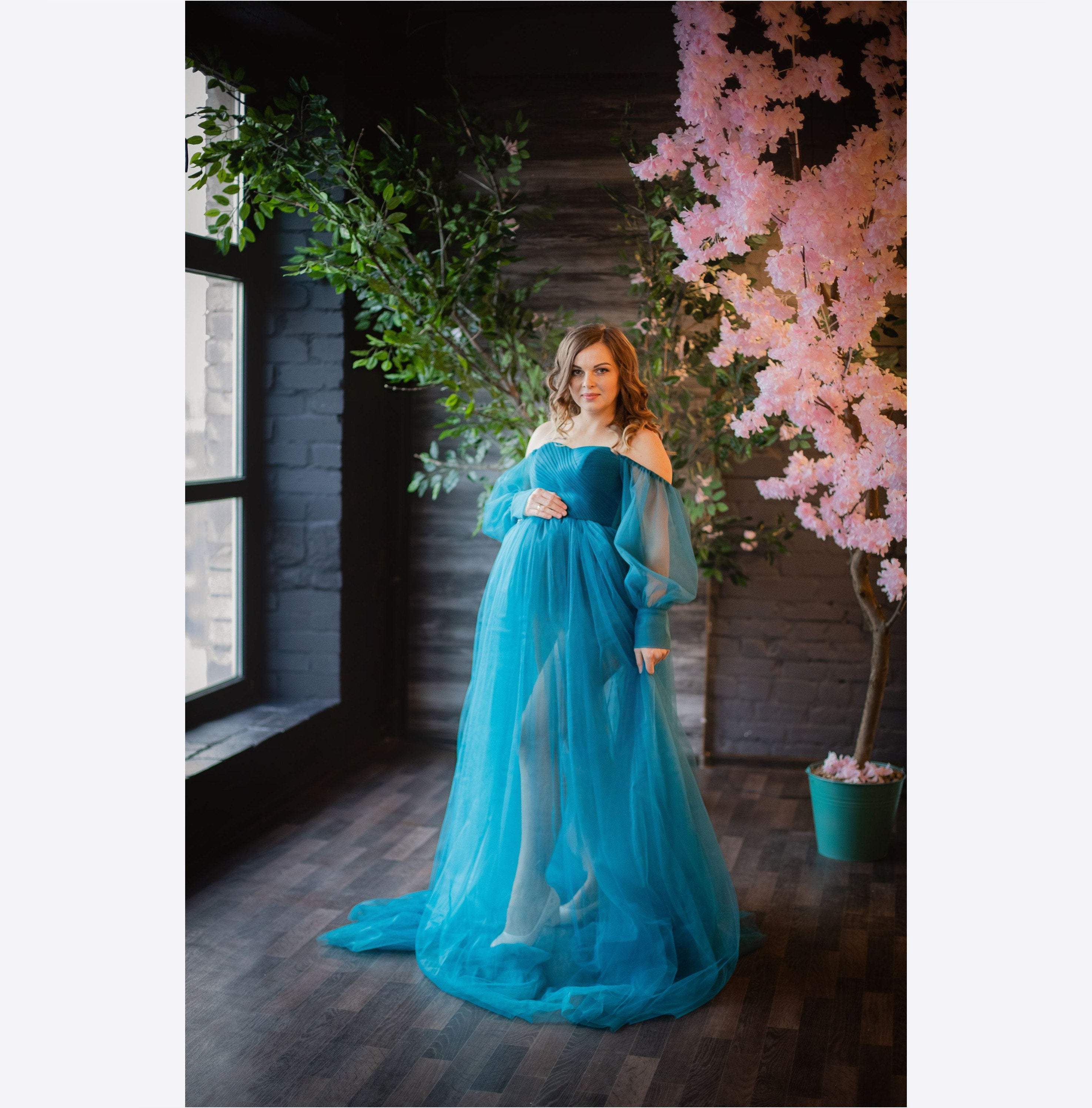 Pregnancy Gown for Photoshoot, Petrol Tulle Maternity Dress, Teal Maternity Dress, Off Shoulder Gown, Maternity Photoshoot Dress,Extravagant Custom
