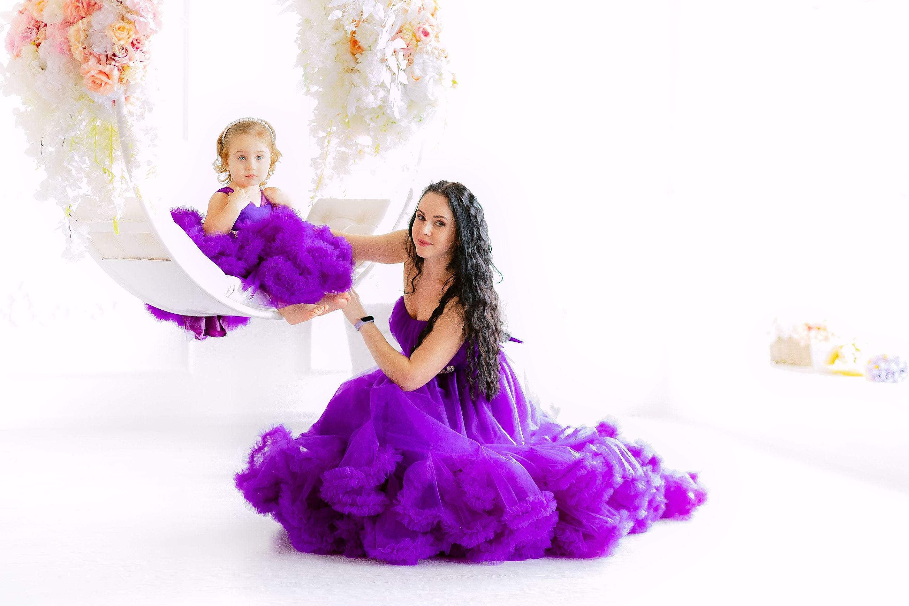 Purple Ruffle Matching Dress, Photoshoot Dress, Matching Ball Gowns, B