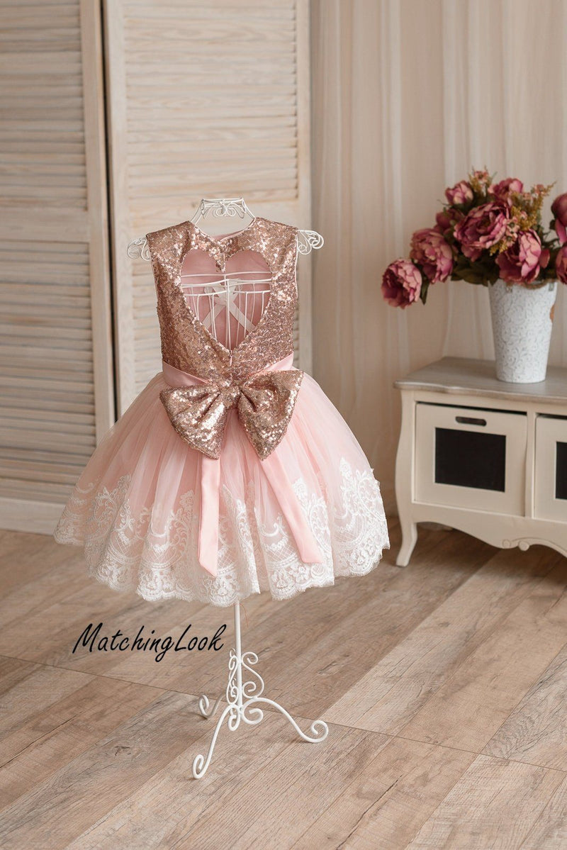 Shop Rose Gold Flower Girl Dress with Lace Trim - Customizable and Made-To-Order Dresses 6 / Rose Gold Shop Rose Gold Flower Girl Dress with Lace Trim - Customizable and Made-To-Order Dresses 6 / Rose Gold