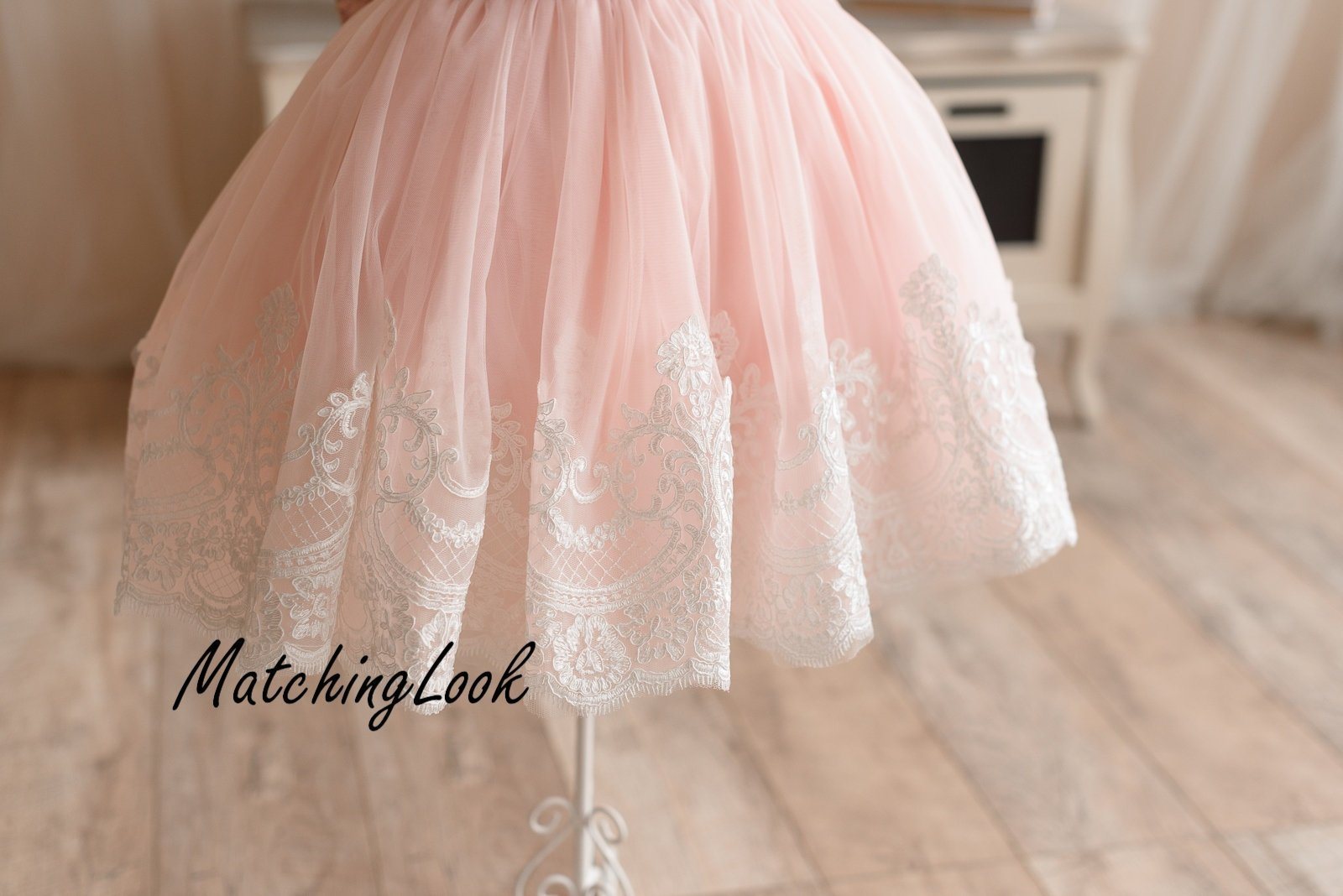 Rose Gold Flower girl dress with lace trim