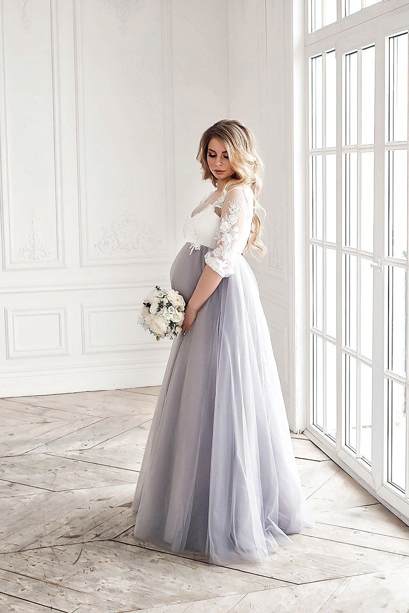 Sophia Wedding maternity White and grey tulle dress S-L / White/Grey Sophia Wedding maternity White and grey tulle dress S-L / White/Grey