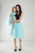 Tiffany color matching mother daughter outfits with gold sequin bow