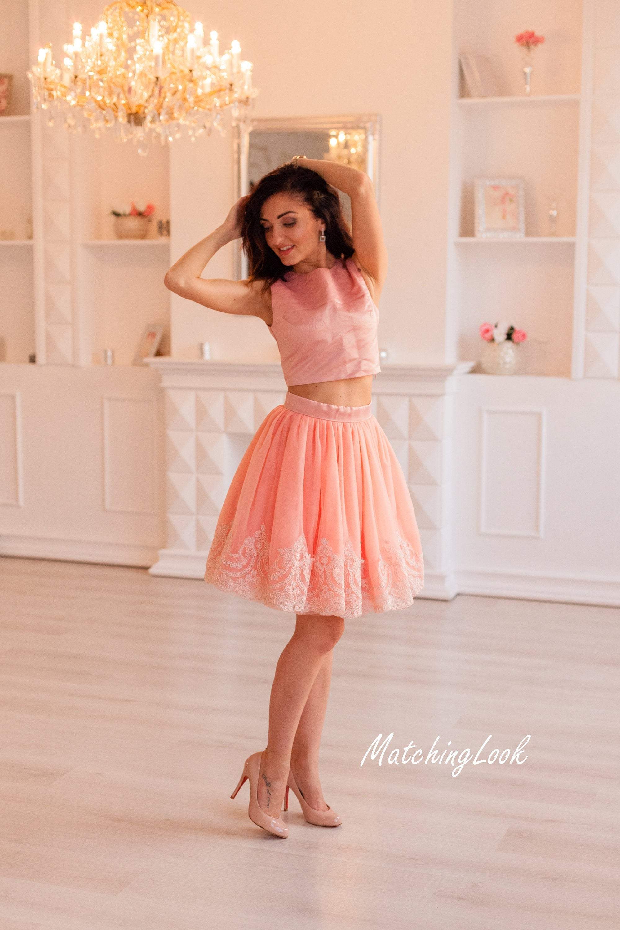 Tulle Cocktail Outfit, Set of 2, Pink Skirt and Top, Bridesmaid Separa