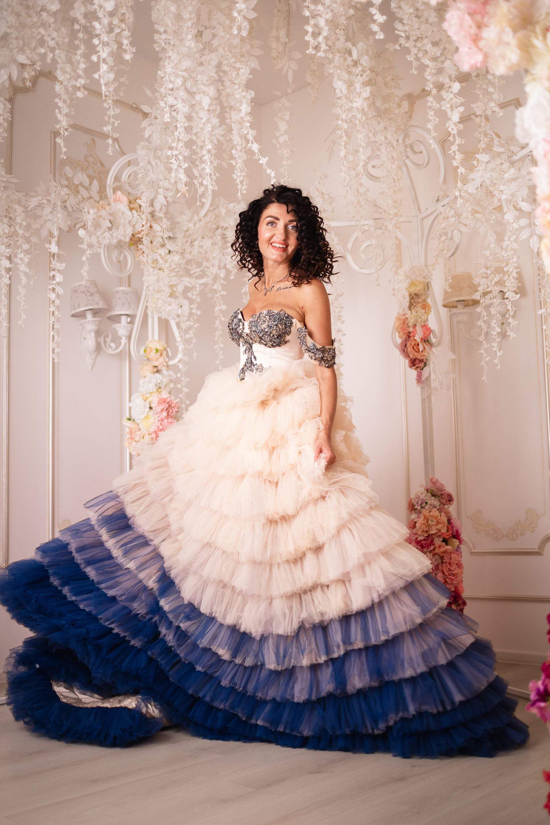 Tulle Tiered Wedding Dress, Couture Tulle Gown, Champagne and Blue Wedding Dress, Engagement Photoshoot Dress S Tulle Tiered Wedding Dress, Couture Tulle Gown, Champagne and Blue Wedding Dress, Engagement Photoshoot Dress S