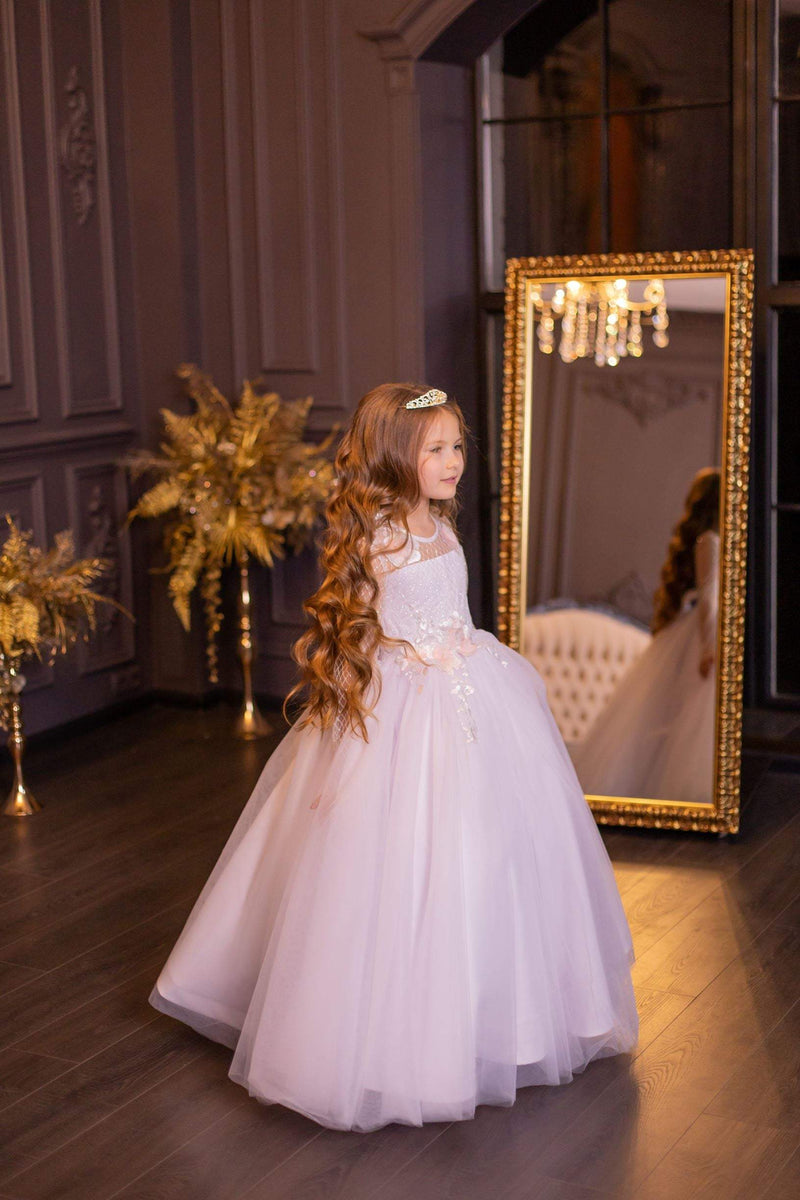 Snow white sequin gown with floral embellishments. – Lagorii Kids