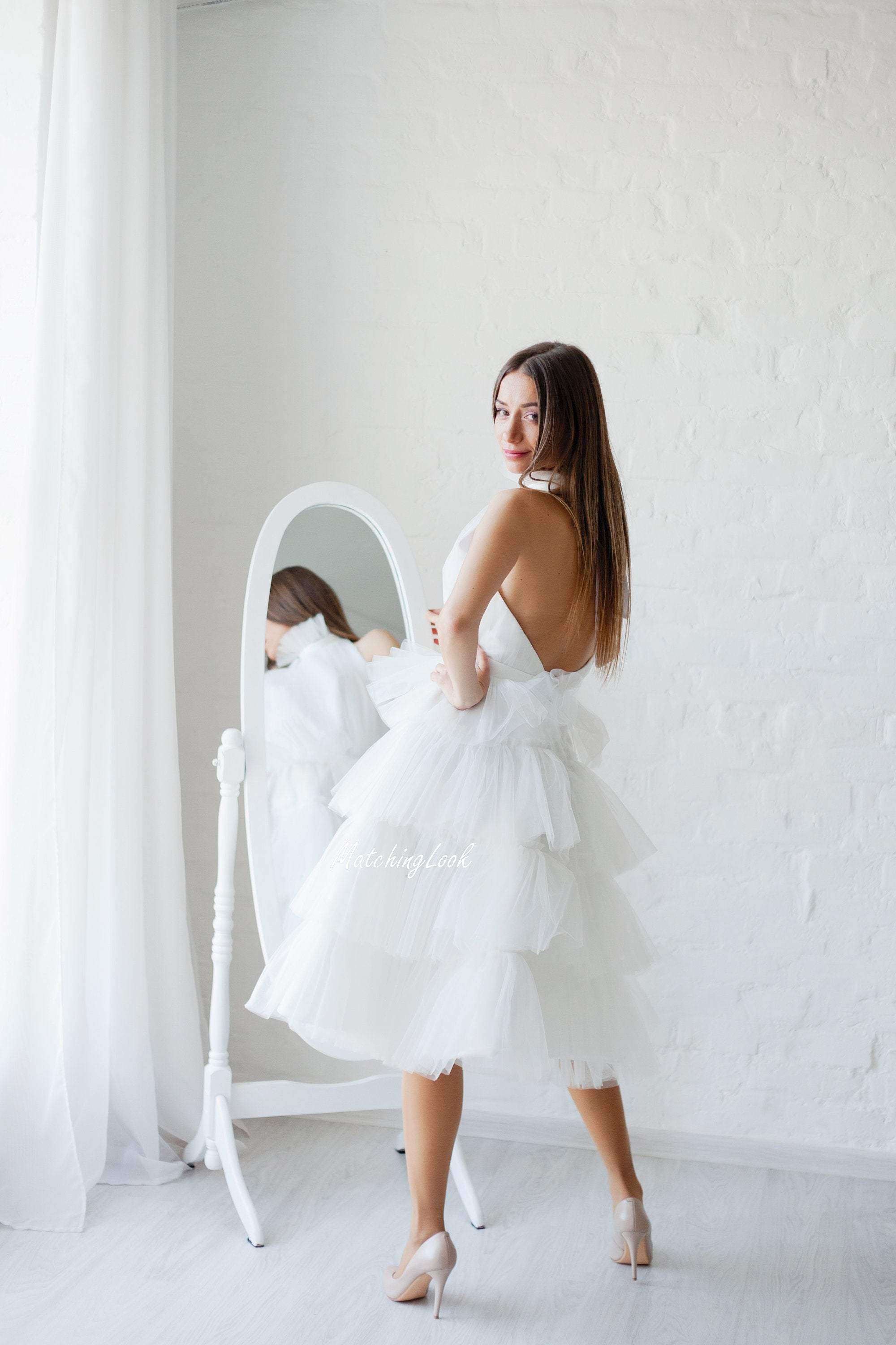 Matchinglook White Tulle Dress, White Bridesmaids Formal Halter Dress, Tulle Cocktail Dress 4 US / Gold