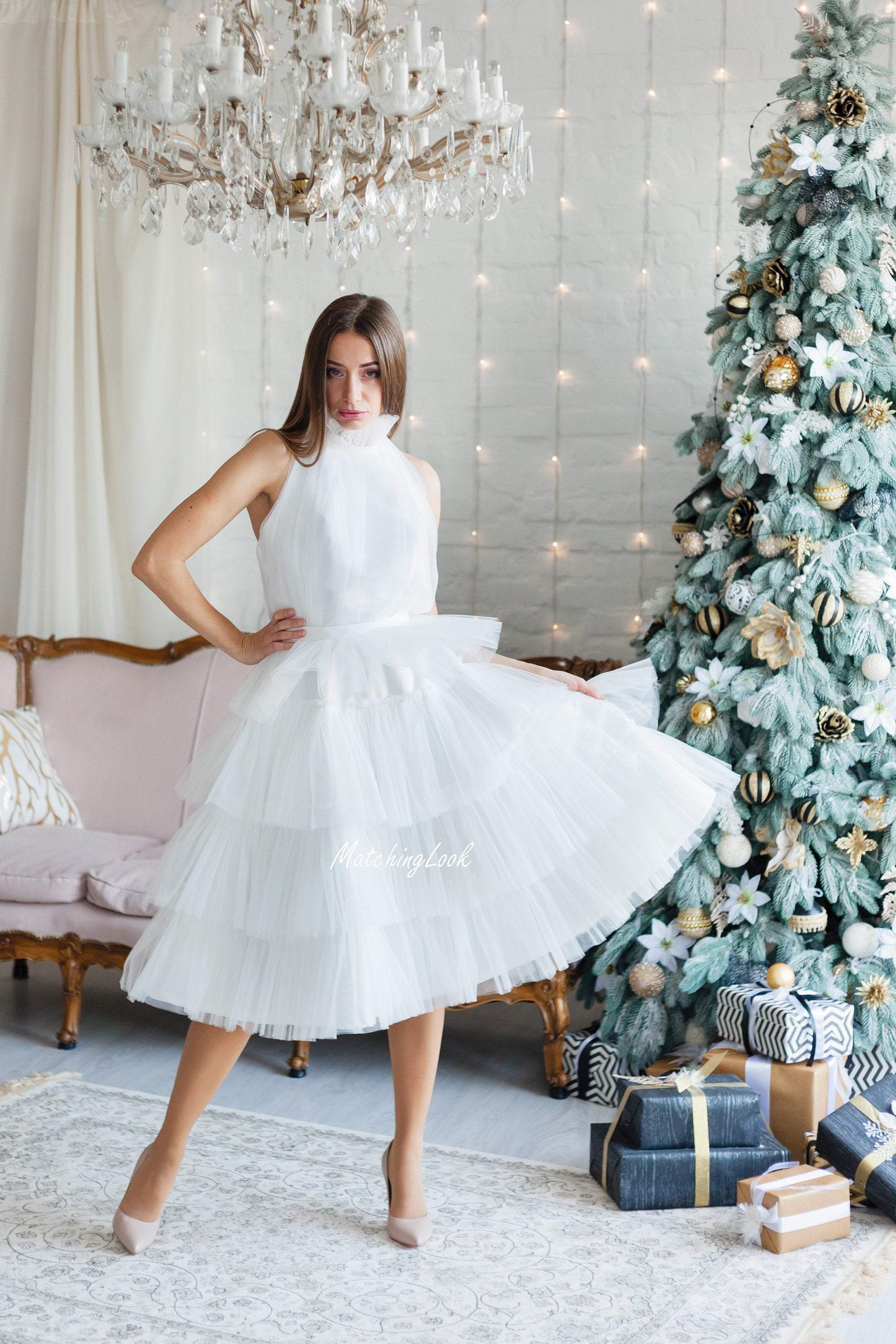 Shop White Tulle Dress, White Bridesmaids Formal Halter Dress, Tulle Cocktail Dress