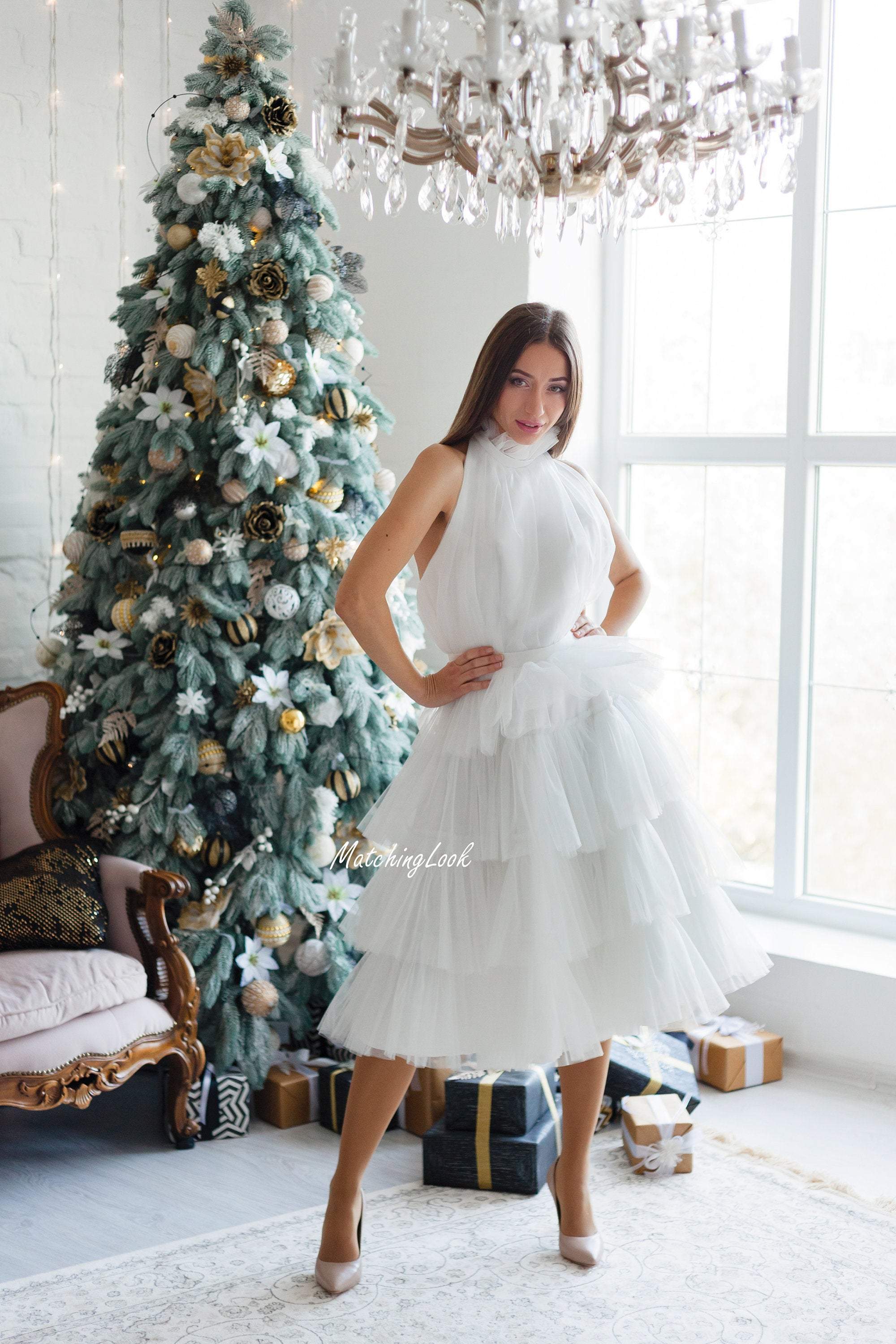 Matchinglook White Tulle Dress, White Bridesmaids Formal Halter Dress, Tulle Cocktail Dress 4 US / Gold