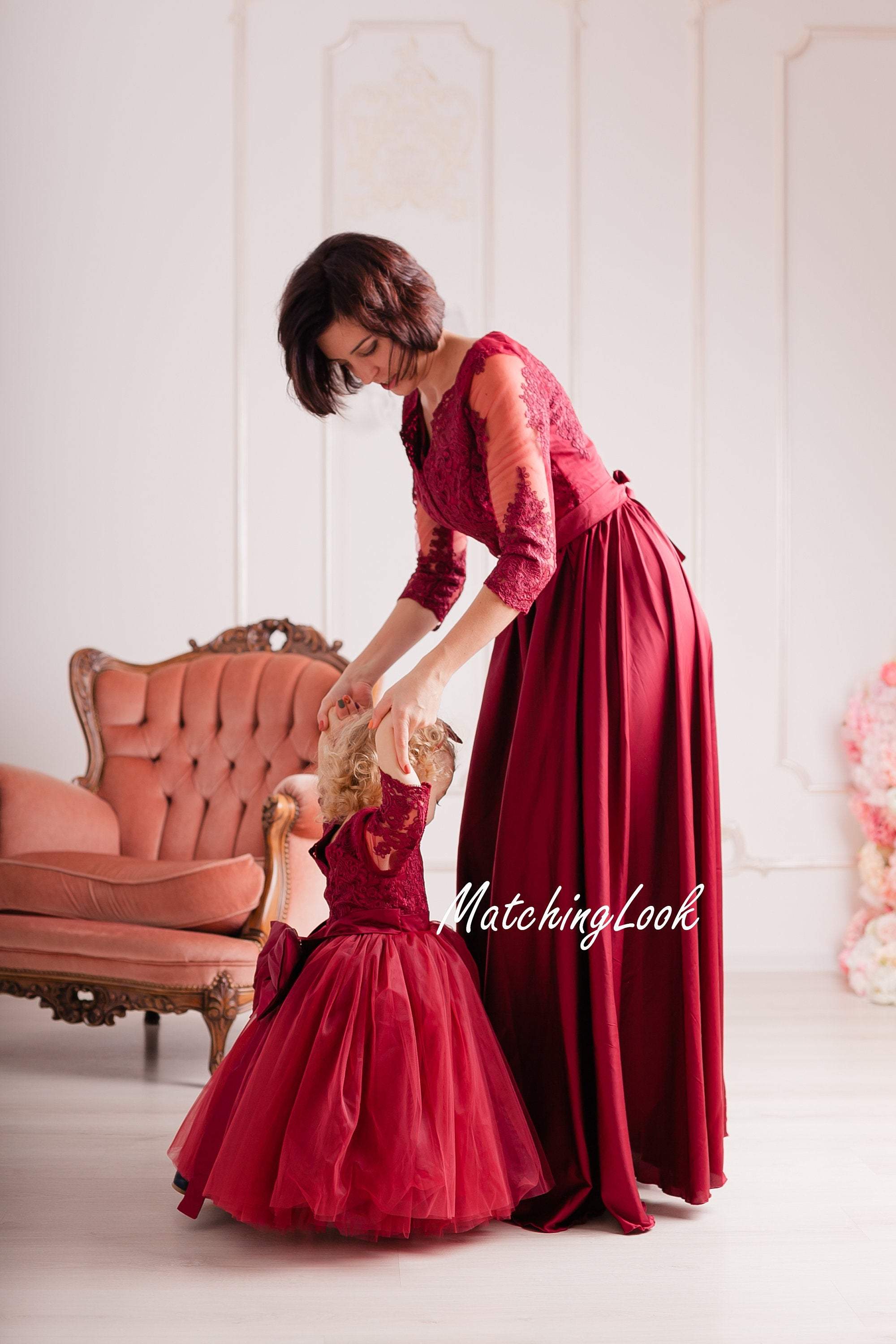 Wine colored maxi matching mommy and me dresses lace mother daughter
