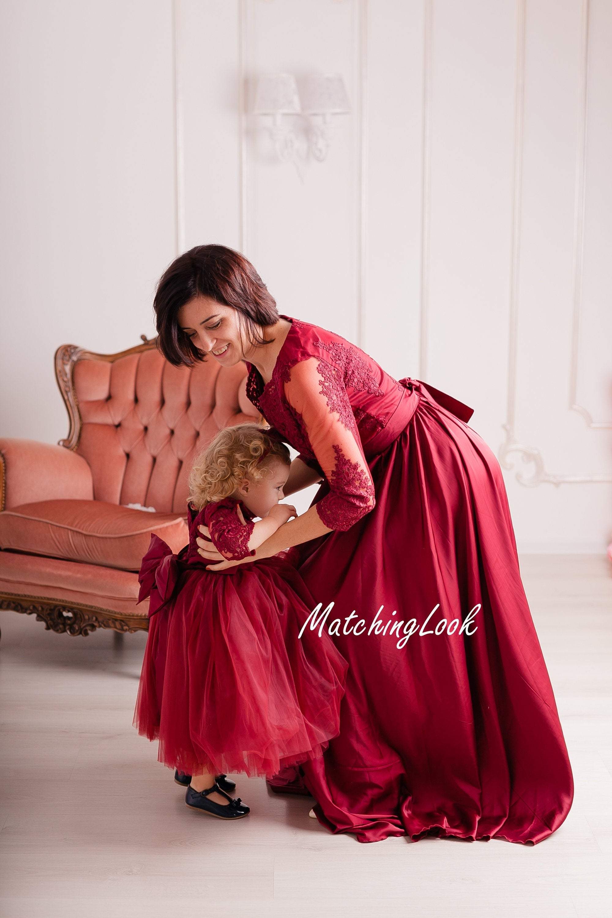 Wine colored maxi matching mommy and me dresses lace mother daughter